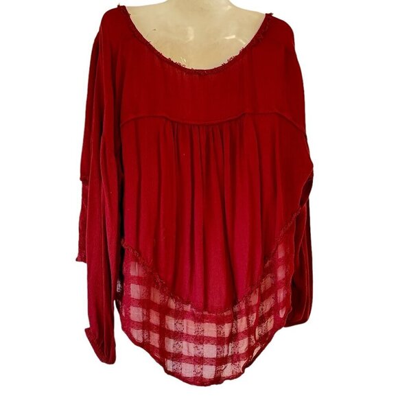 Free People Gauze Rainy Day Swing Blouse Oversized Burgundy Lace at Hem  Size XS - Picture 4 of 10